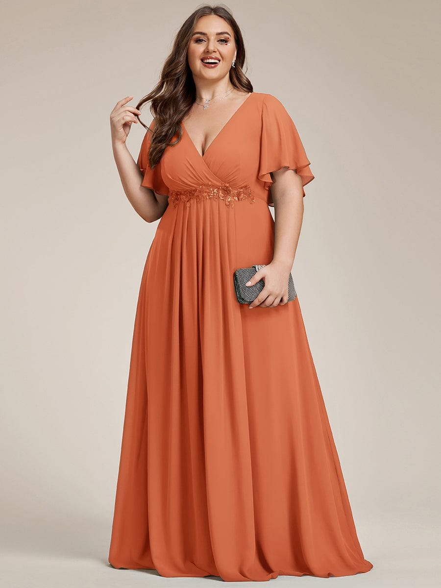 Plus Size Floral Applique Short Sleeve A-Line Chiffon Evening Dress #color_Brandied Melon