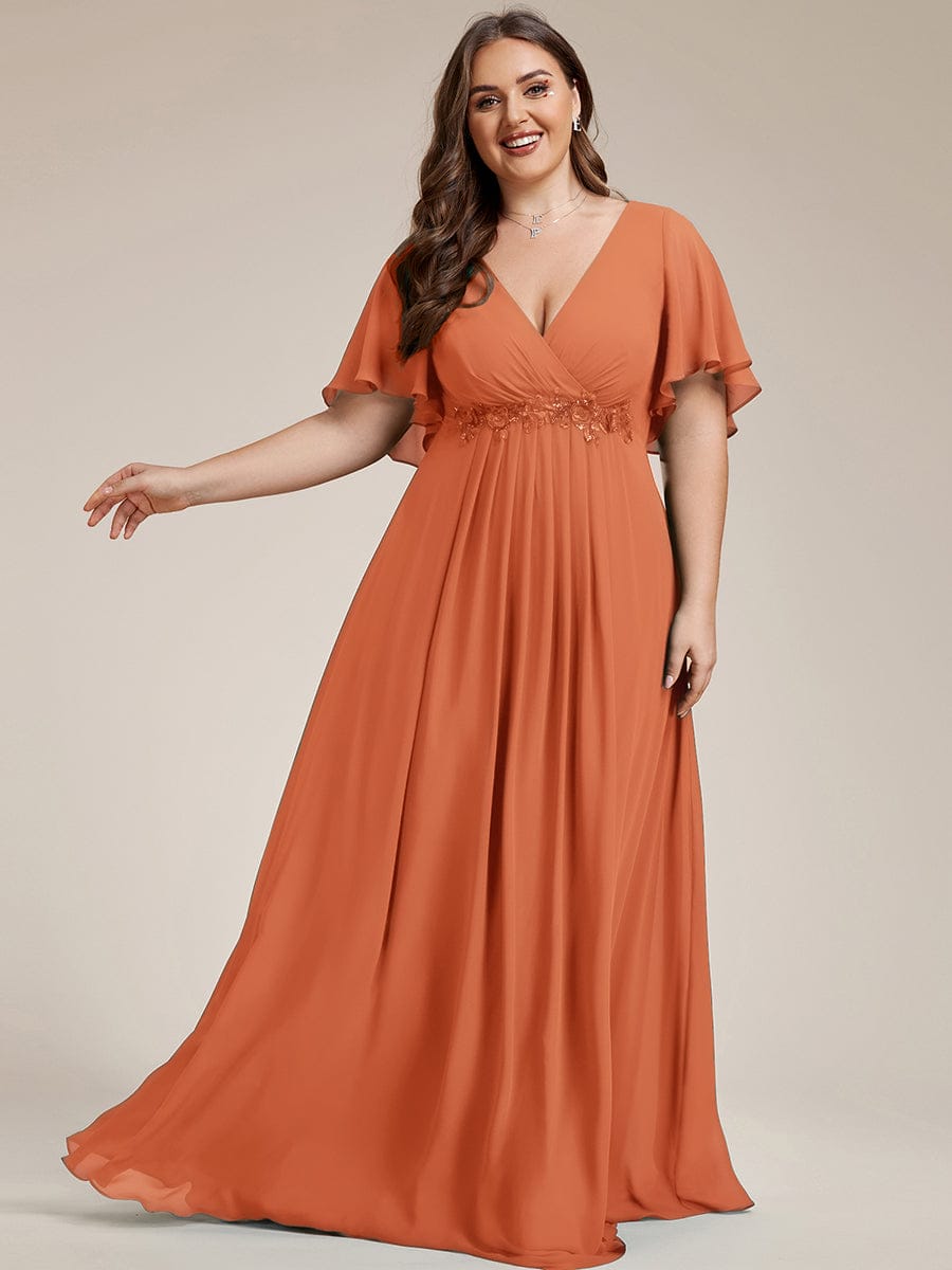 Plus Size Floral Applique Short Sleeve A-Line Chiffon Evening Dress #color_Brandied Melon