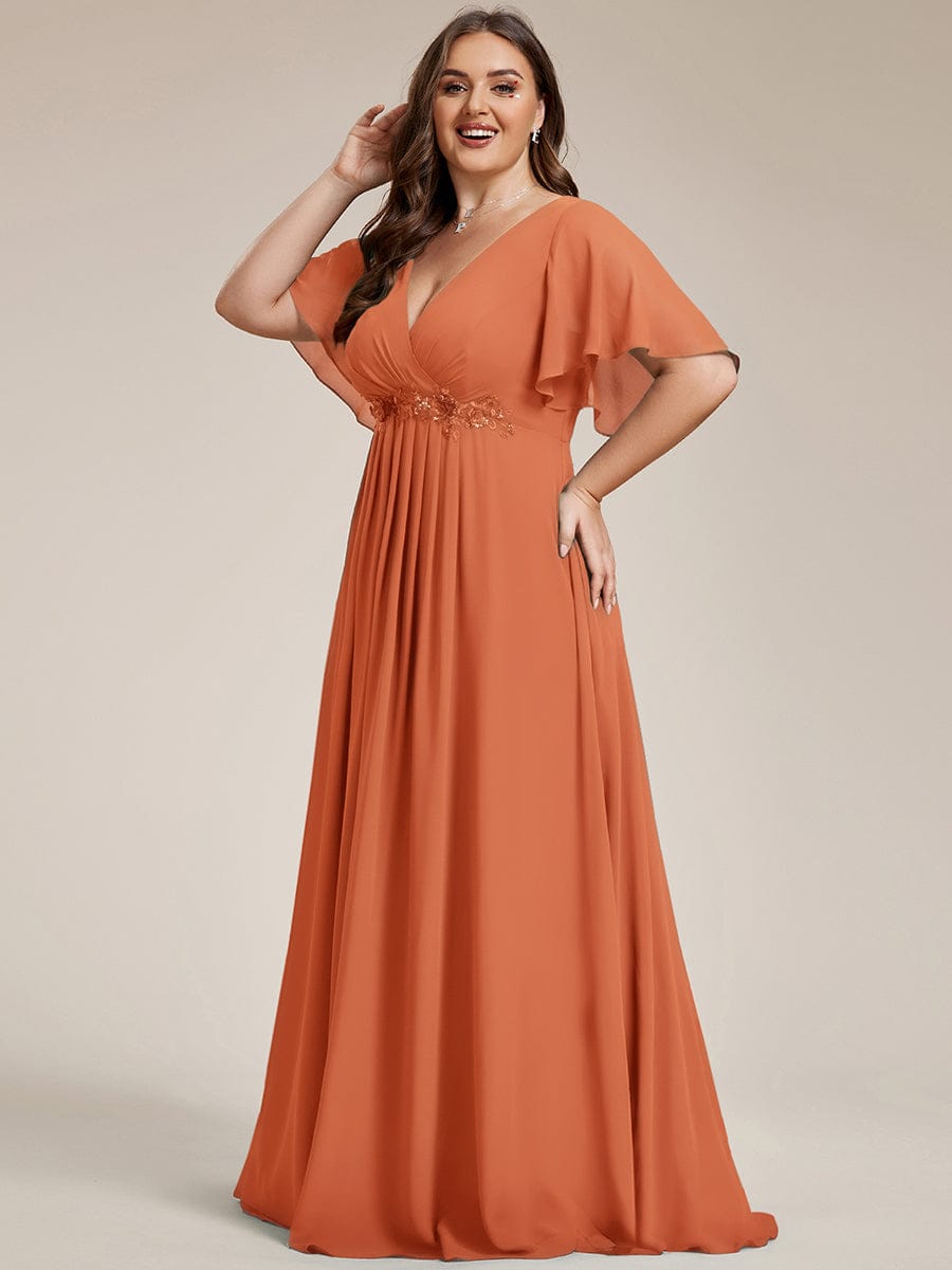 Plus Size Floral Applique Short Sleeve A-Line Chiffon Evening Dress #color_Brandied Melon