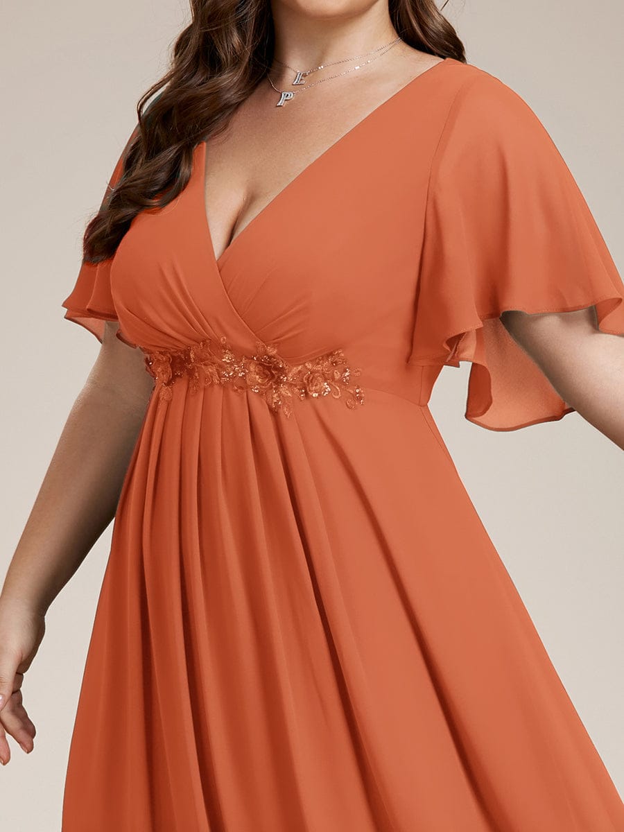 Plus Size Floral Applique Short Sleeve A-Line Chiffon Evening Dress #color_Brandied Melon