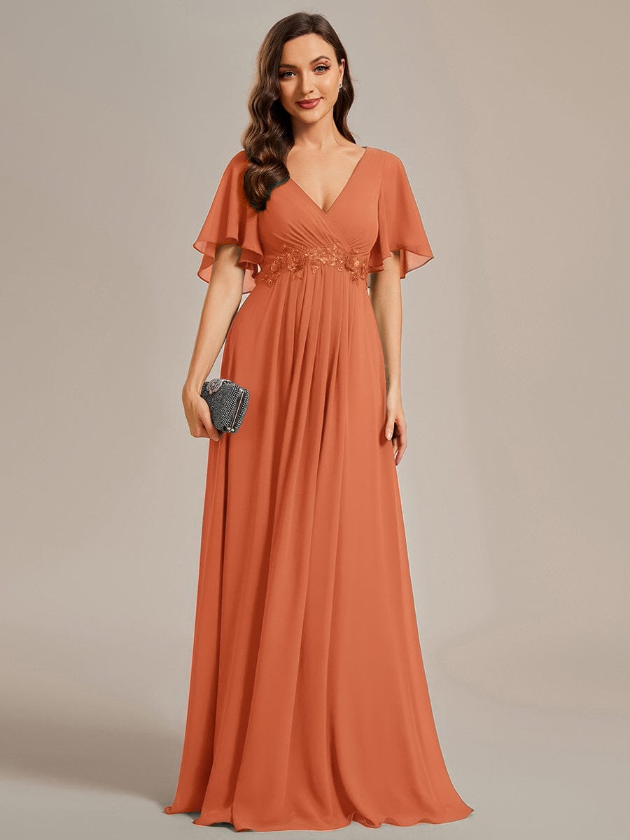 Ruffles Sleeve A-Line Chiffon Waist Applique Maxi Evening Dress #color_Brandied Melon