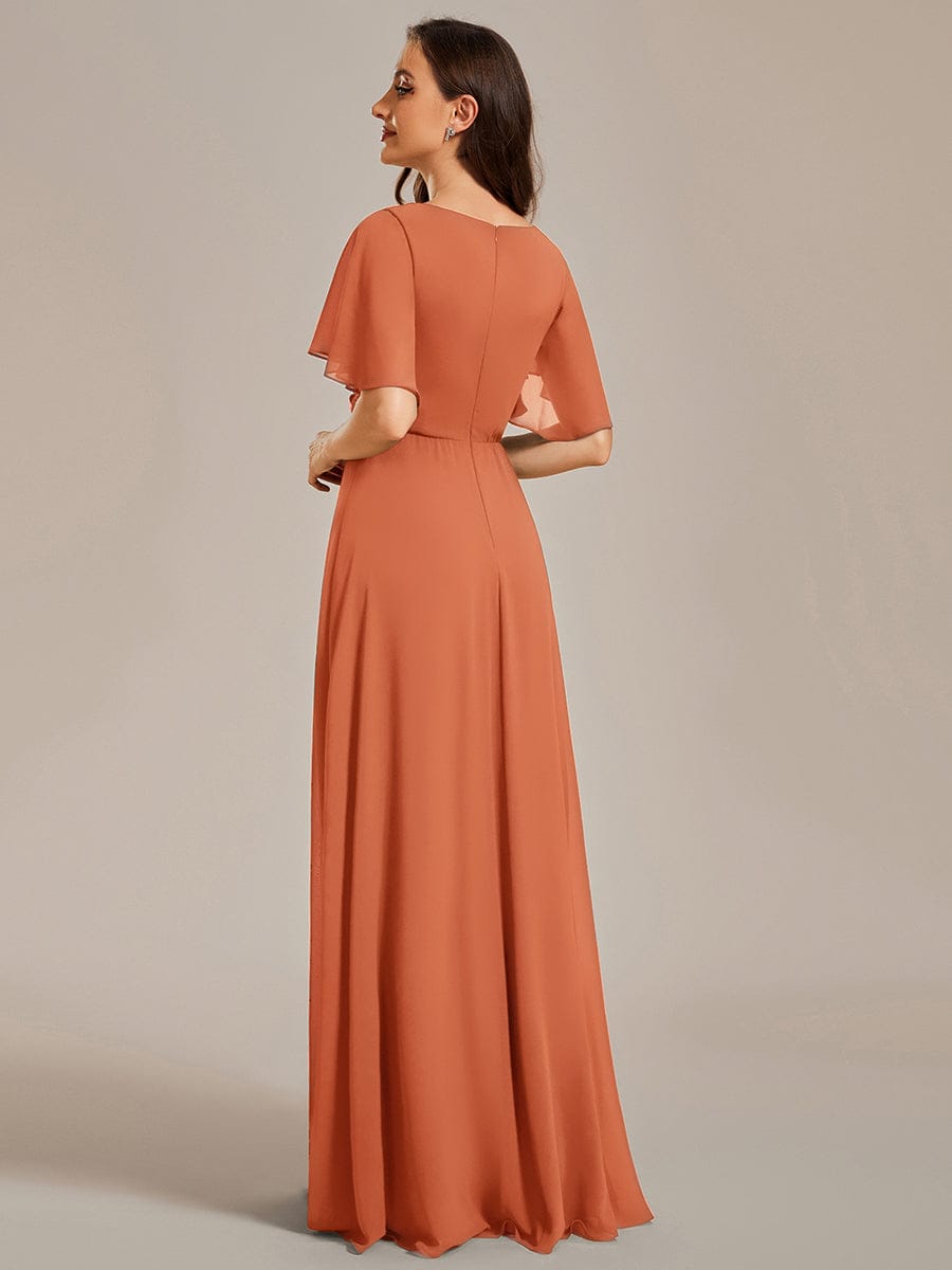 Ruffles Sleeve A-Line Chiffon Waist Applique Maxi Evening Dress #color_Brandied Melon