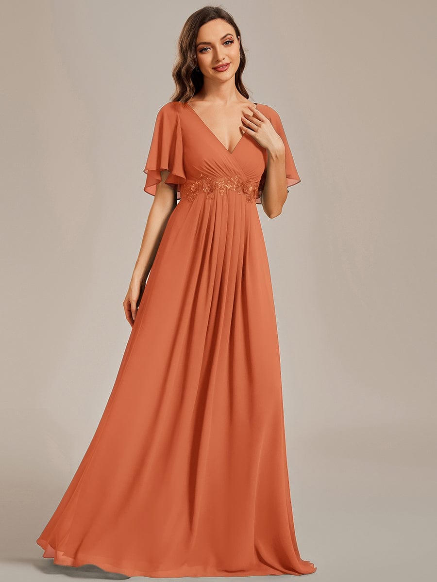 Ruffles Sleeve A-Line Chiffon Waist Applique Maxi Evening Dress #color_Brandied Melon