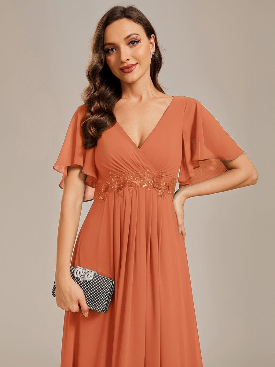 Ruffles Sleeve A-Line Chiffon Waist Applique Maxi Evening Dress #color_Brandied Melon