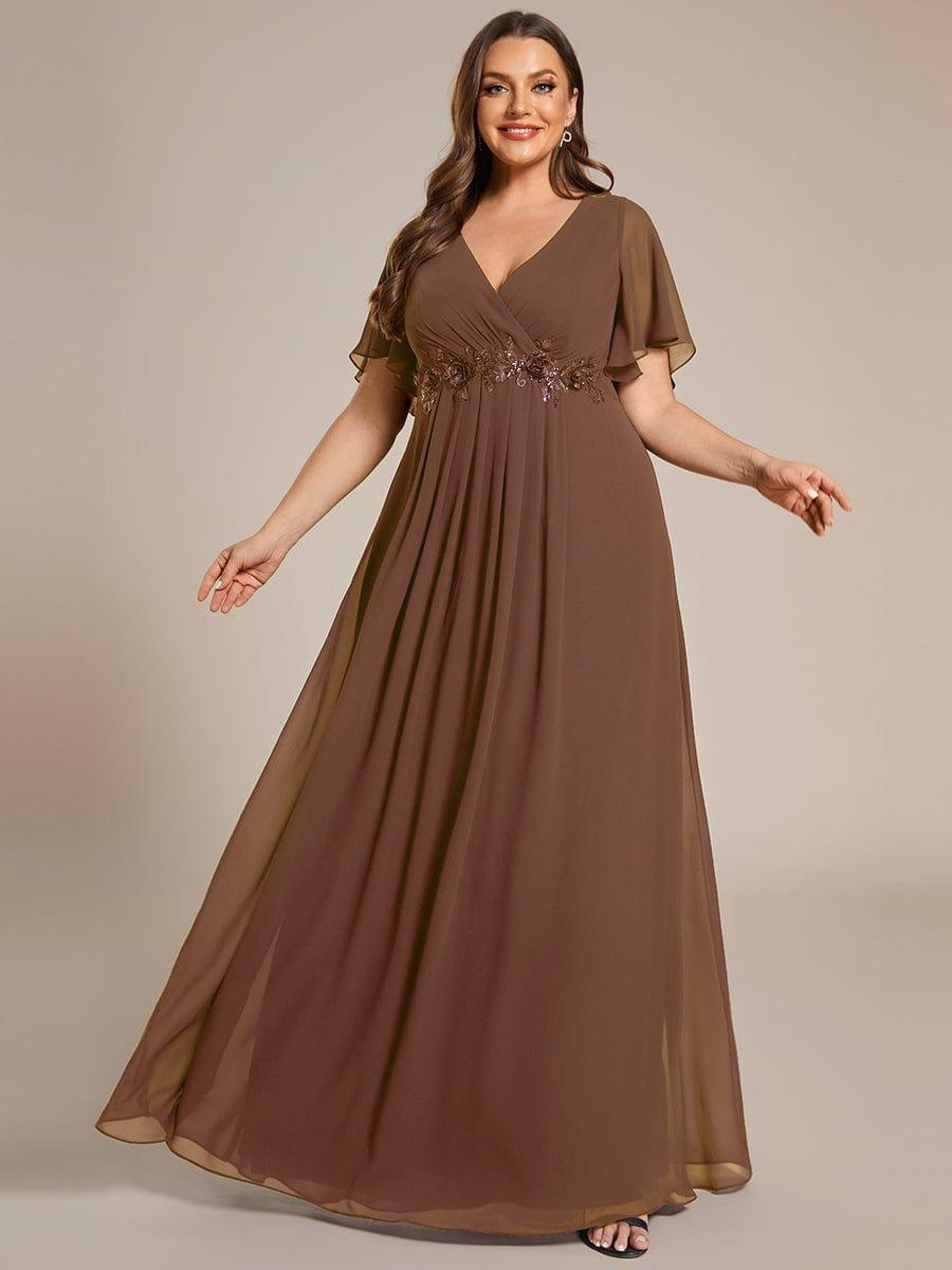 Plus Size Floral Applique Short Sleeve A-Line Chiffon Evening Dress #color_Brown