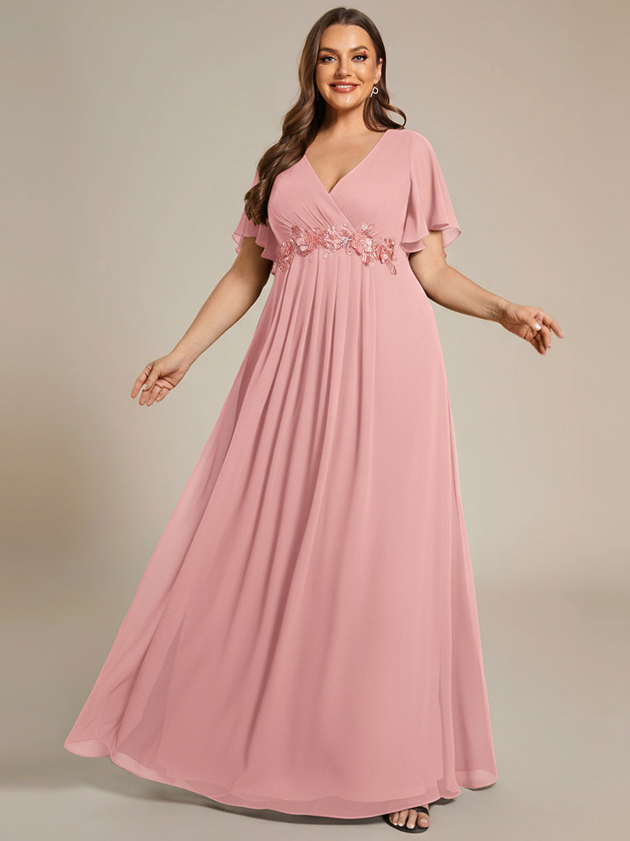Plus Size Floral Applique Short Sleeve A-Line Chiffon Evening Dress #color_Dusty Rose