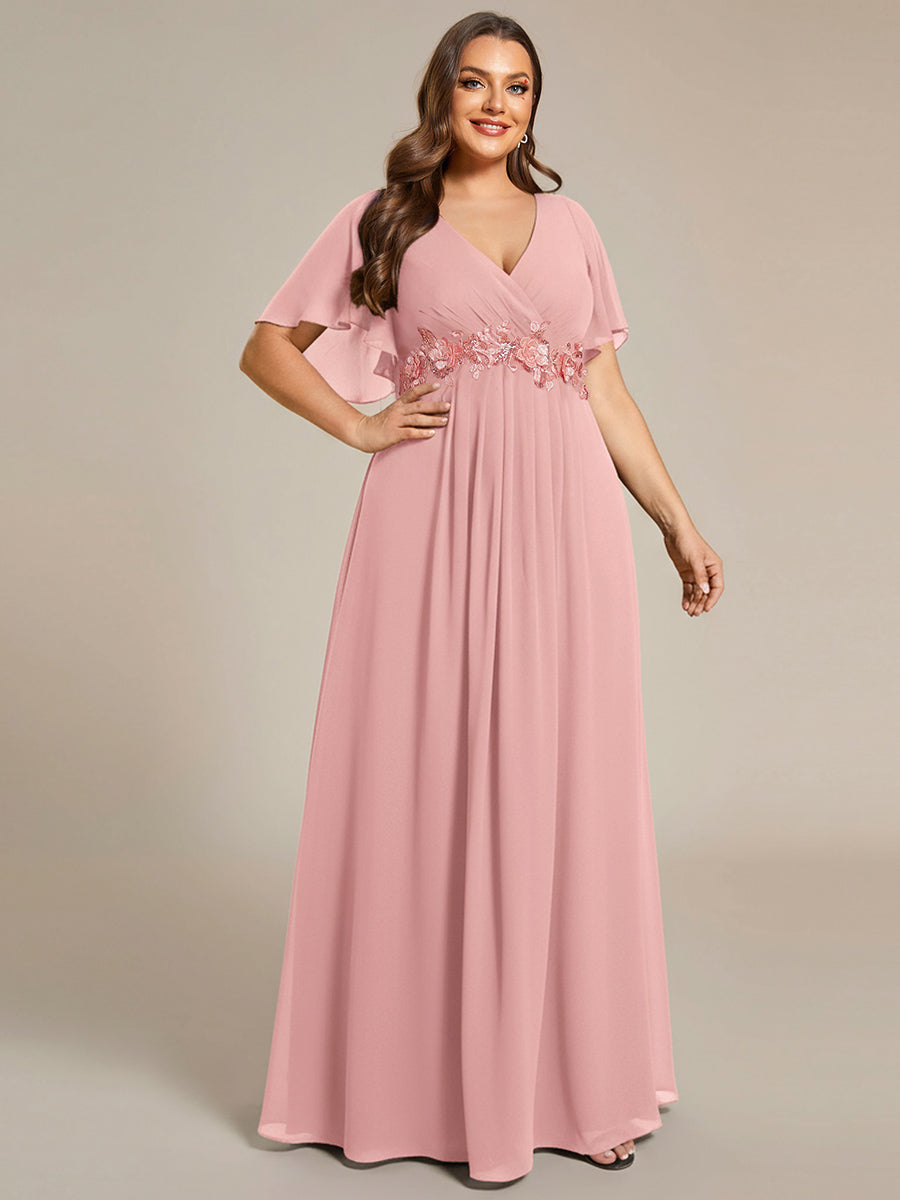Plus Size Floral Applique Short Sleeve A-Line Chiffon Evening Dress #color_Dusty Rose