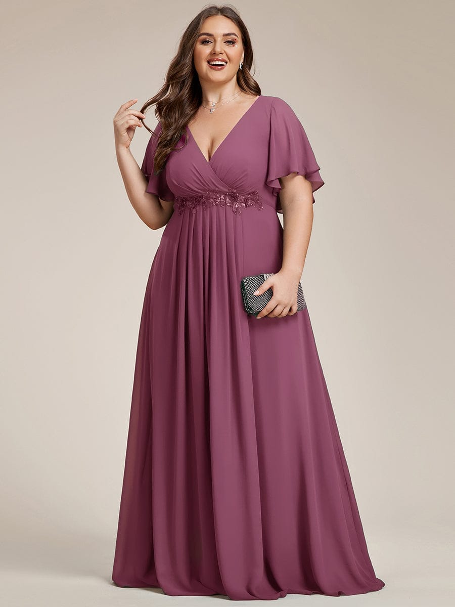 Plus Size Floral Applique Short Sleeve A-Line Chiffon Evening Dress #color_Damson
