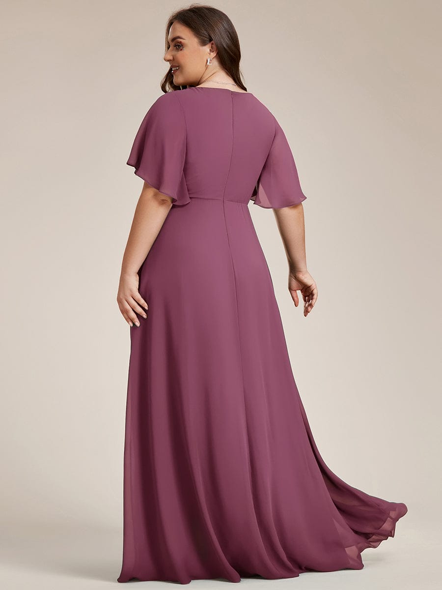 Plus Size Floral Applique Short Sleeve A-Line Chiffon Evening Dress #color_Damson