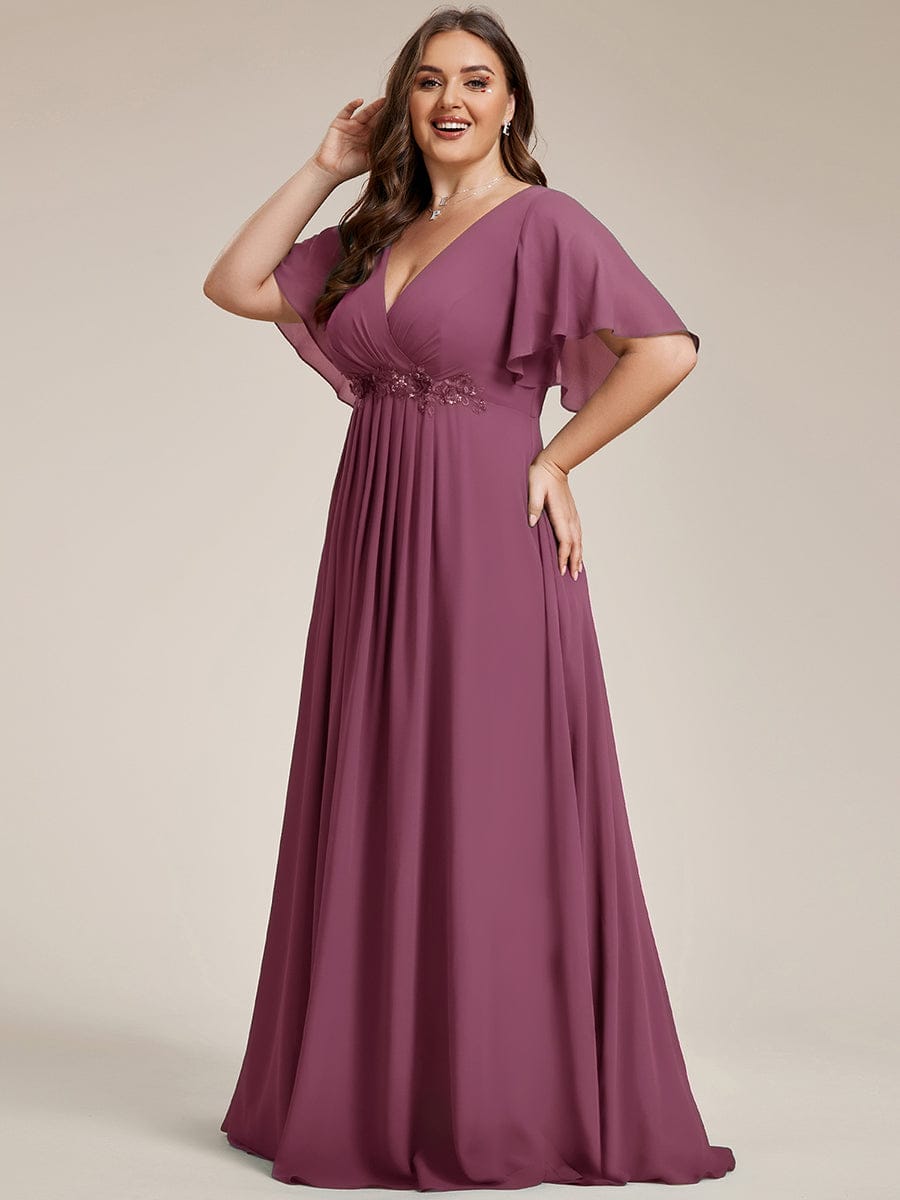 Plus Size Floral Applique Short Sleeve A-Line Chiffon Evening Dress #color_Damson