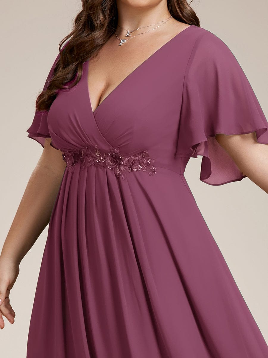 Plus Size Floral Applique Short Sleeve A-Line Chiffon Evening Dress #color_Damson
