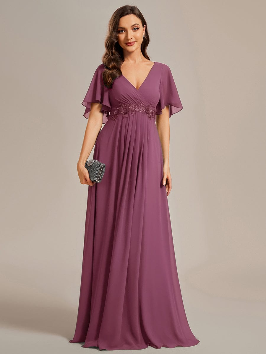 Ruffles Sleeve A-Line Chiffon Waist Applique Maxi Evening Dress #color_Damson