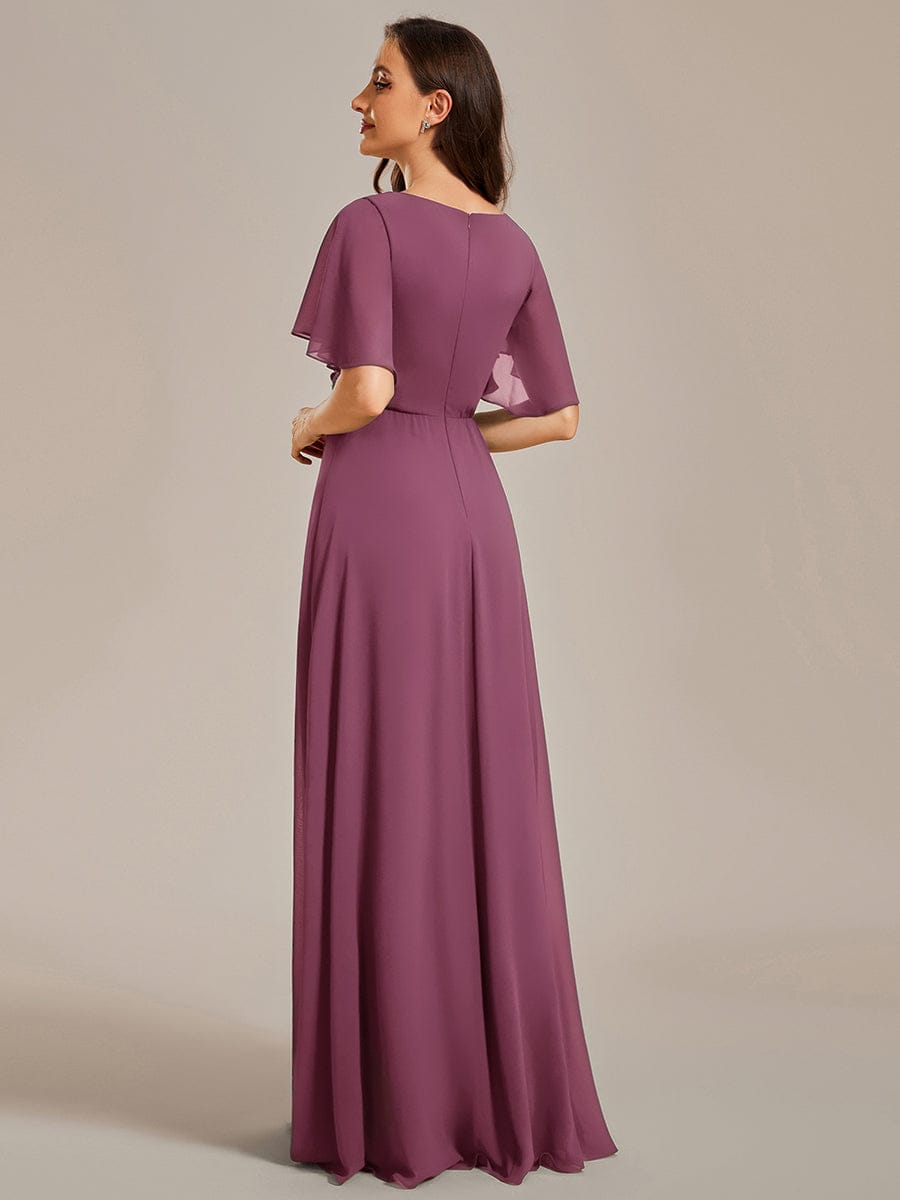 Ruffles Sleeve A-Line Chiffon Waist Applique Maxi Evening Dress #color_Damson