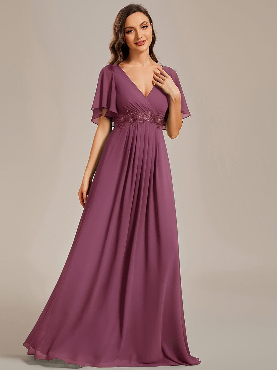 Ruffles Sleeve A-Line Chiffon Waist Applique Maxi Evening Dress #color_Damson