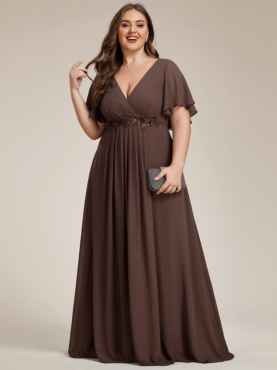 Plus Size Floral Applique Short Sleeve A-Line Chiffon Evening Dress #color_Espresso