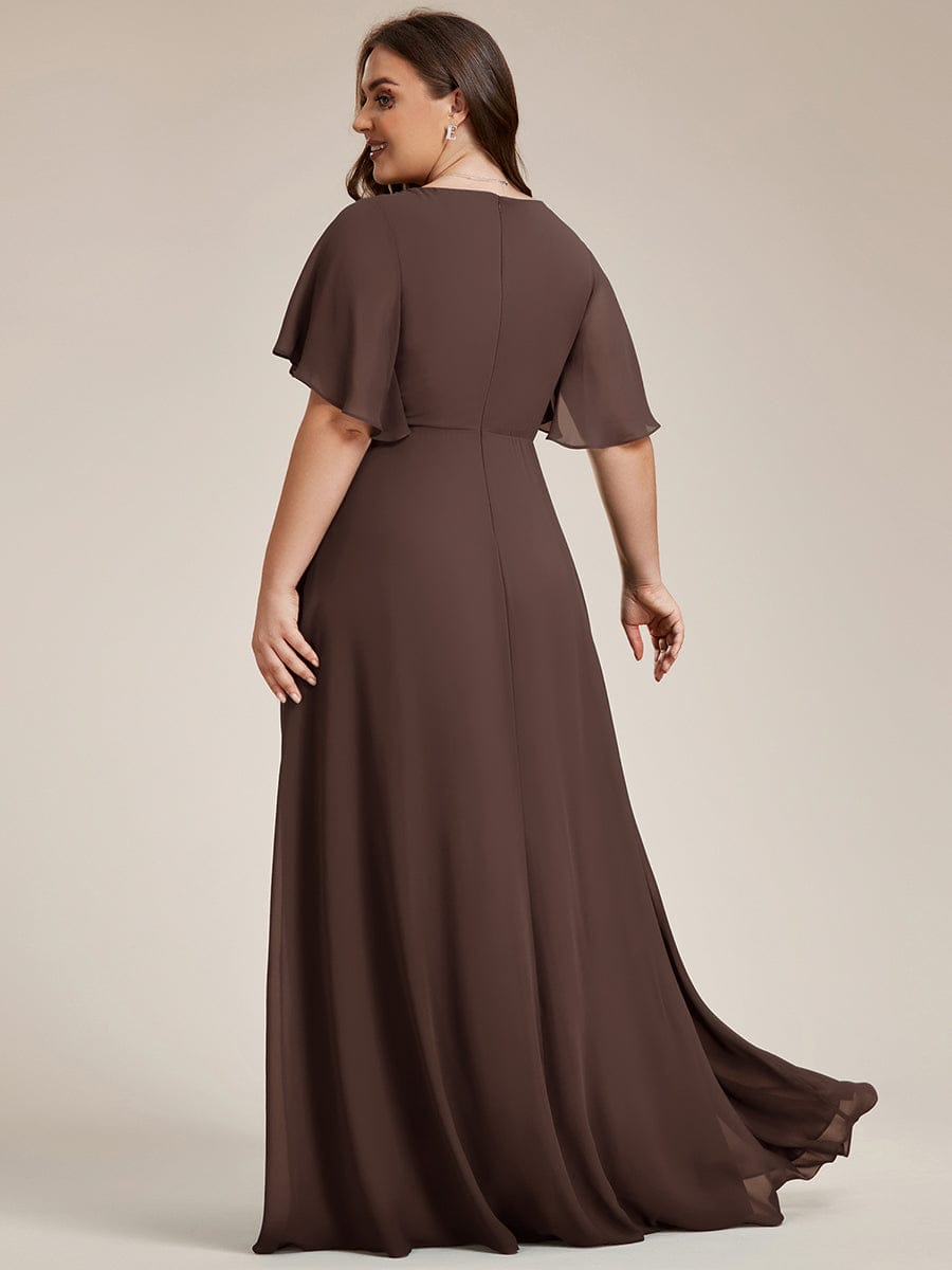 Plus Size Floral Applique Short Sleeve A-Line Chiffon Evening Dress #color_Espresso