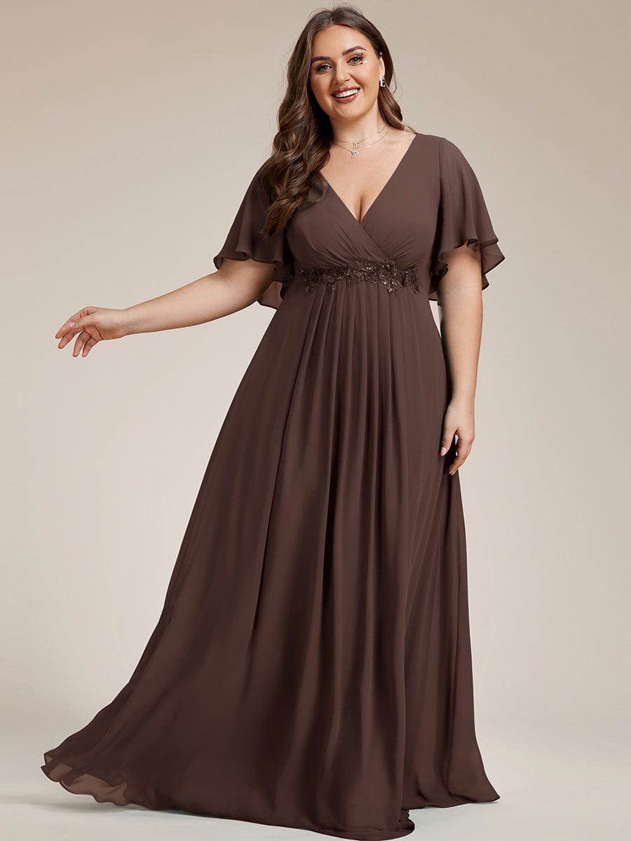 Plus Size Floral Applique Short Sleeve A-Line Chiffon Evening Dress #color_Espresso