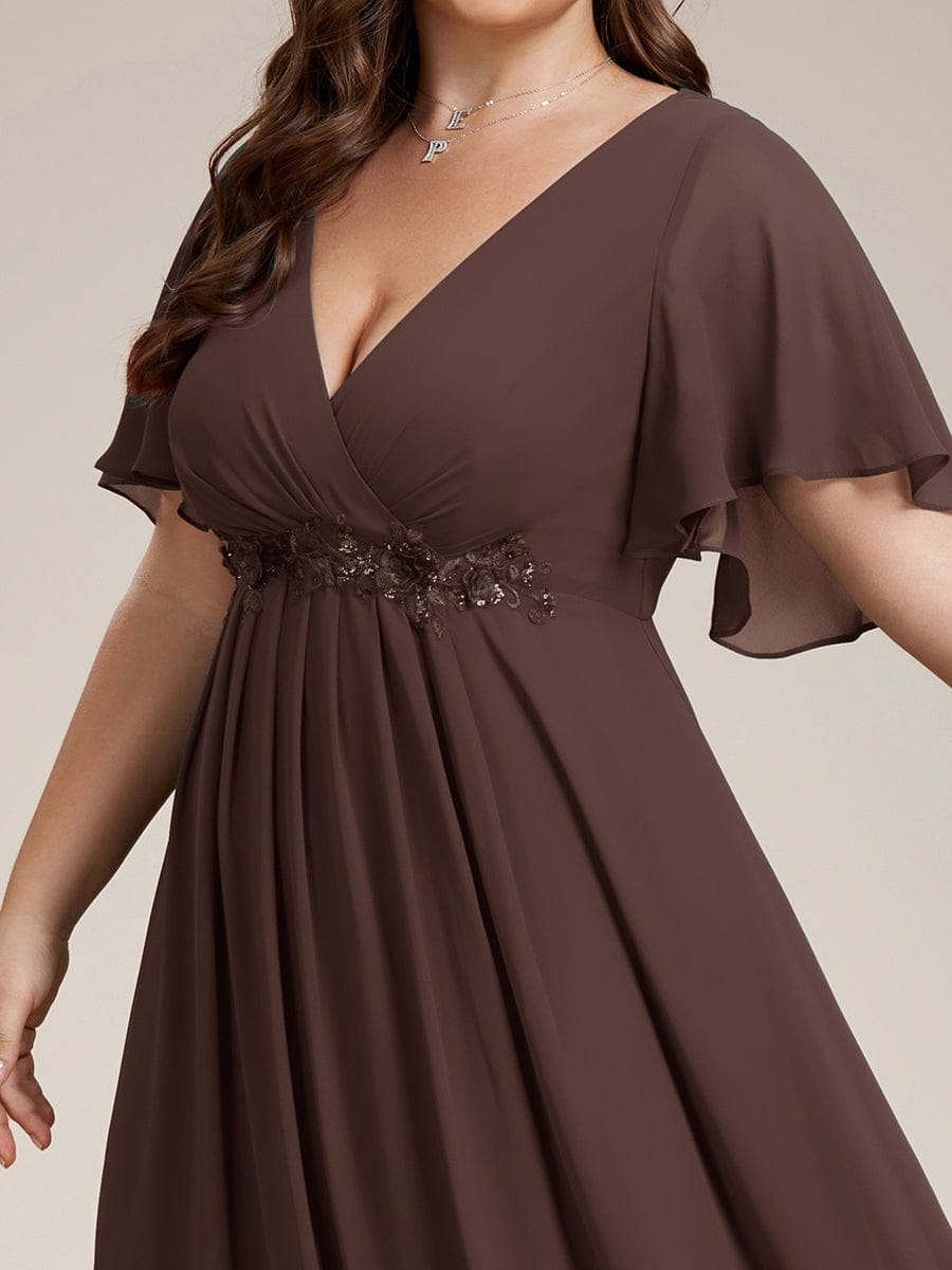 Plus Size Floral Applique Short Sleeve A-Line Chiffon Evening Dress #color_Espresso