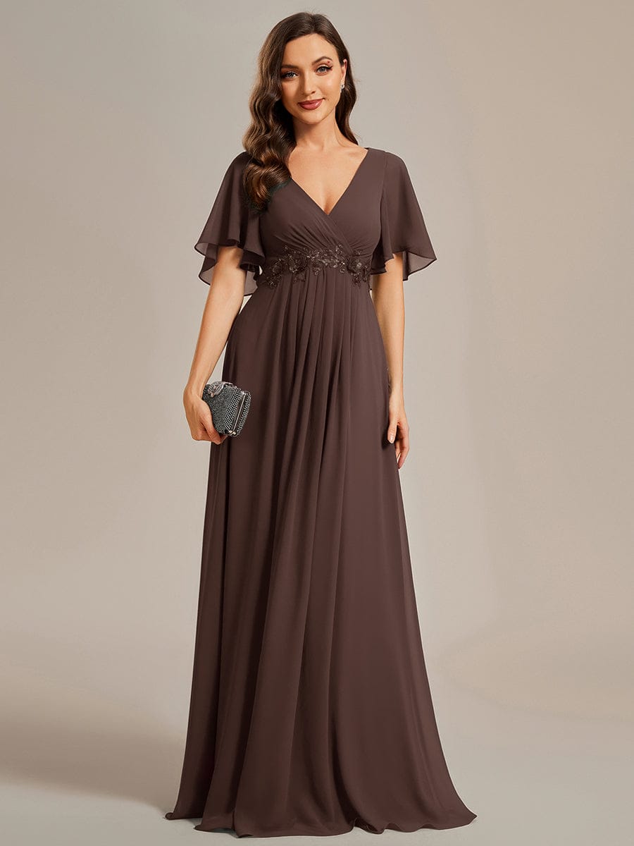 Ruffles Sleeve A-Line Chiffon Waist Applique Maxi Evening Dress #color_Espresso