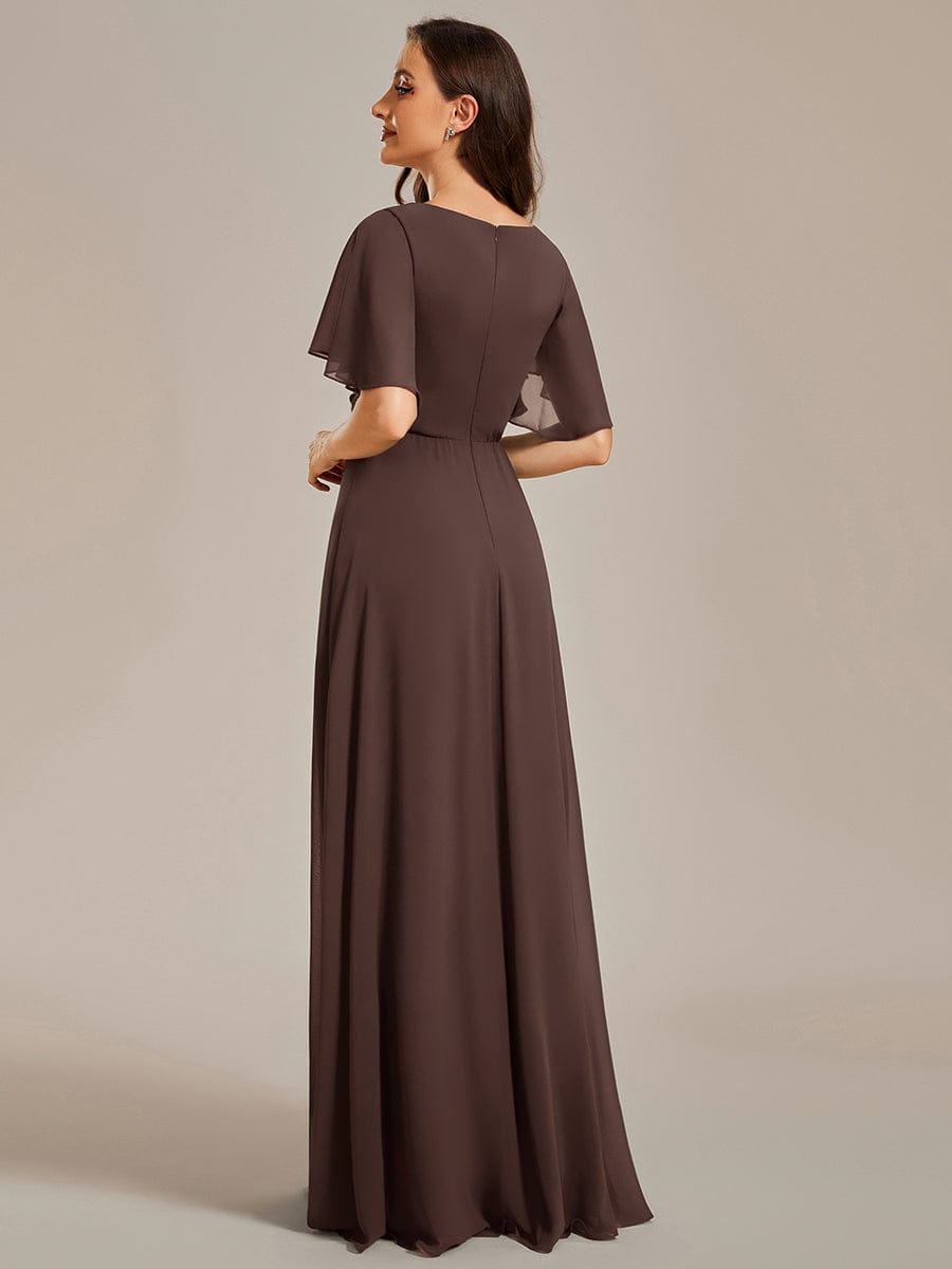 Ruffles Sleeve A-Line Chiffon Waist Applique Maxi Evening Dress #color_Espresso