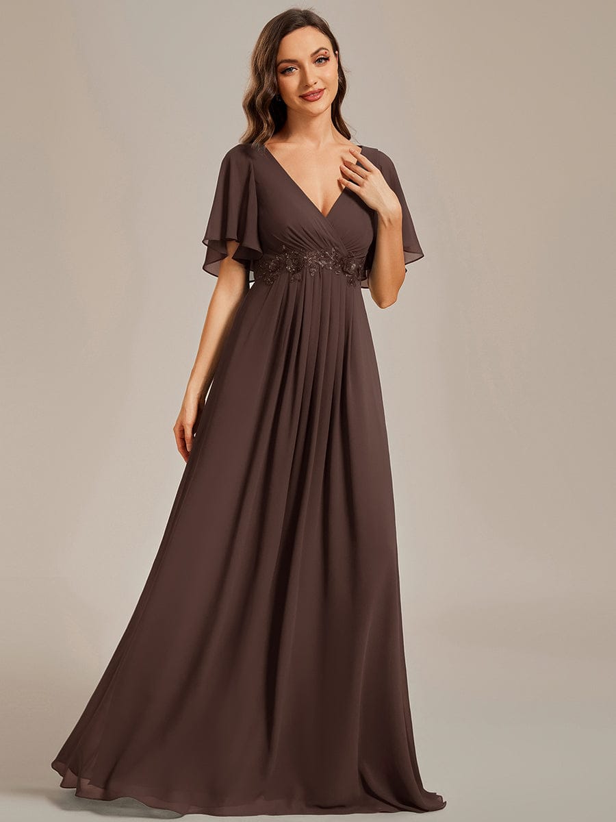 Ruffles Sleeve A-Line Chiffon Waist Applique Maxi Evening Dress #color_Espresso