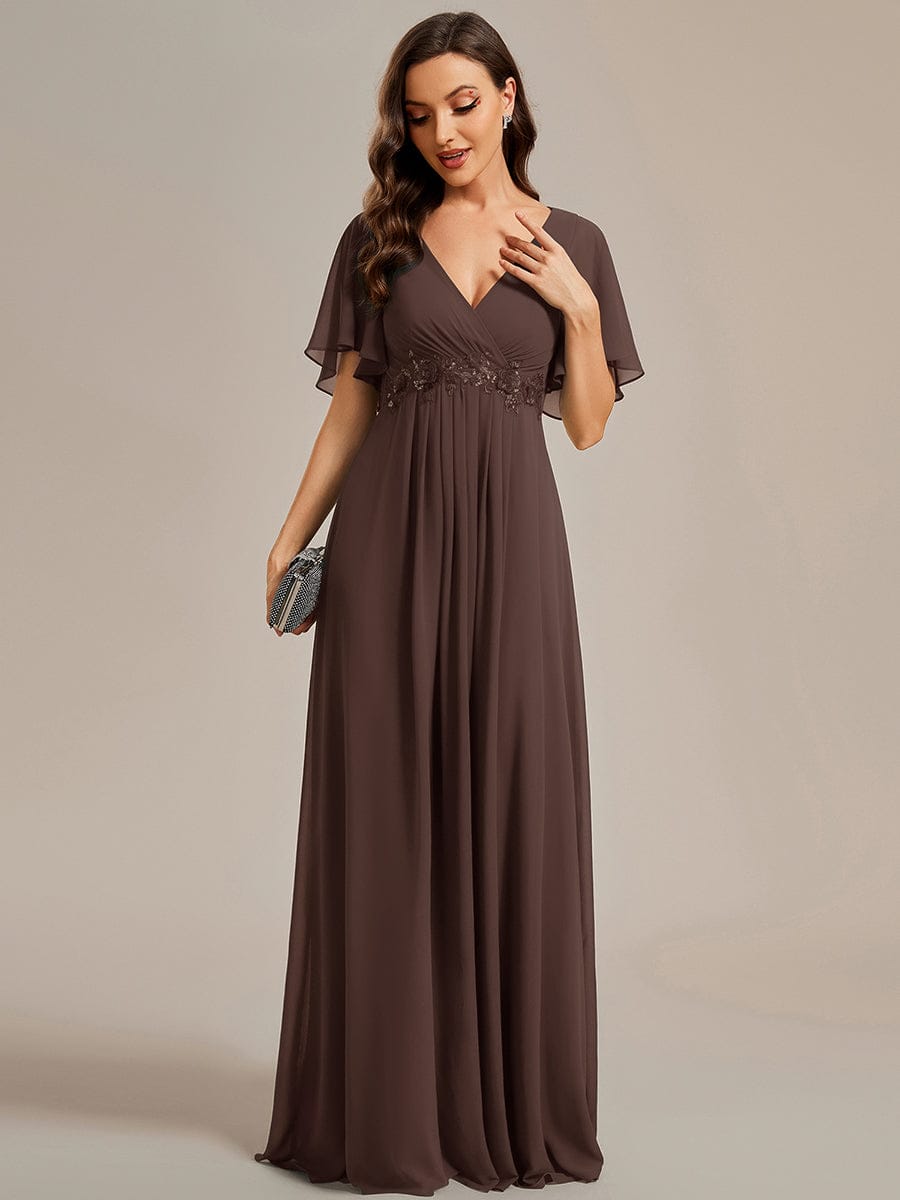 Ruffles Sleeve A-Line Chiffon Waist Applique Maxi Evening Dress #color_Espresso