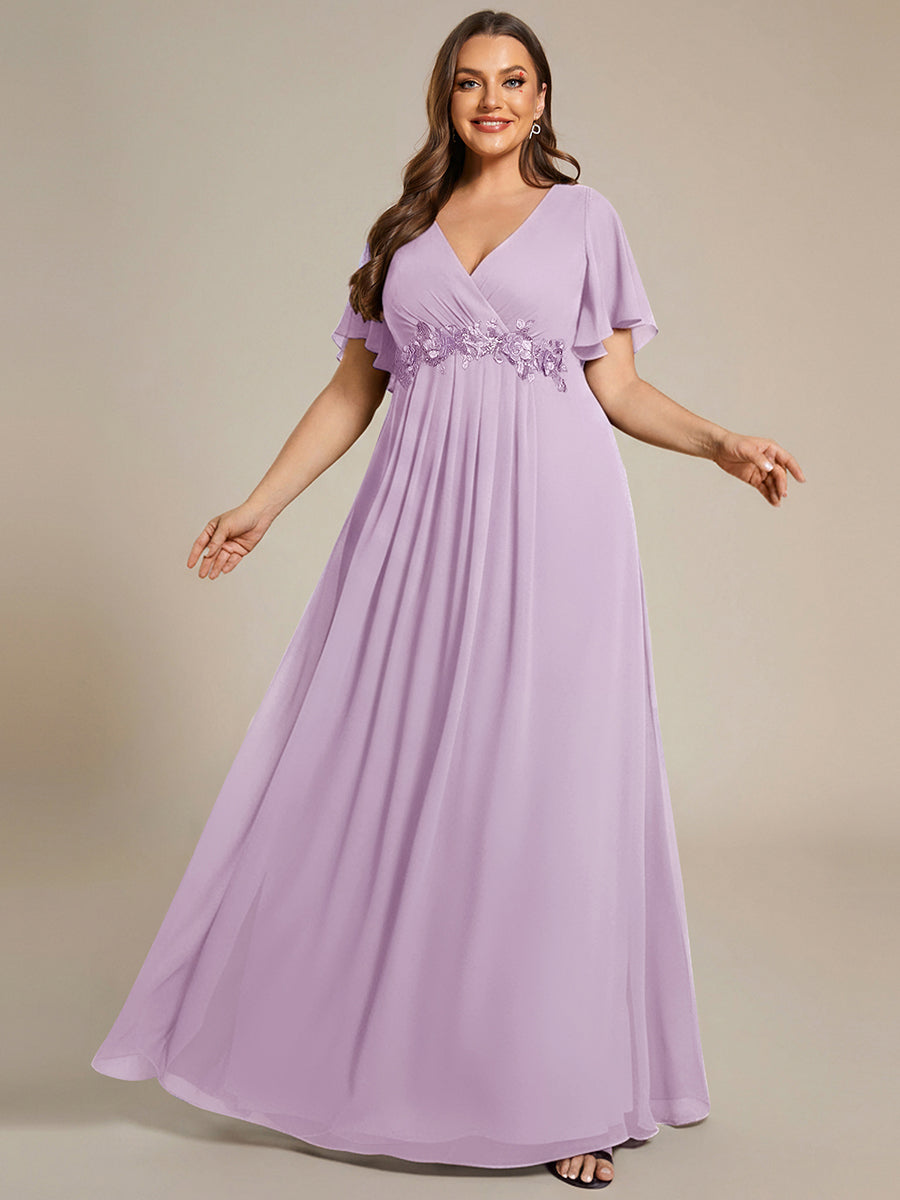 Plus Size Floral Applique Short Sleeve A-Line Chiffon Evening Dress #color_Frosted Lilac