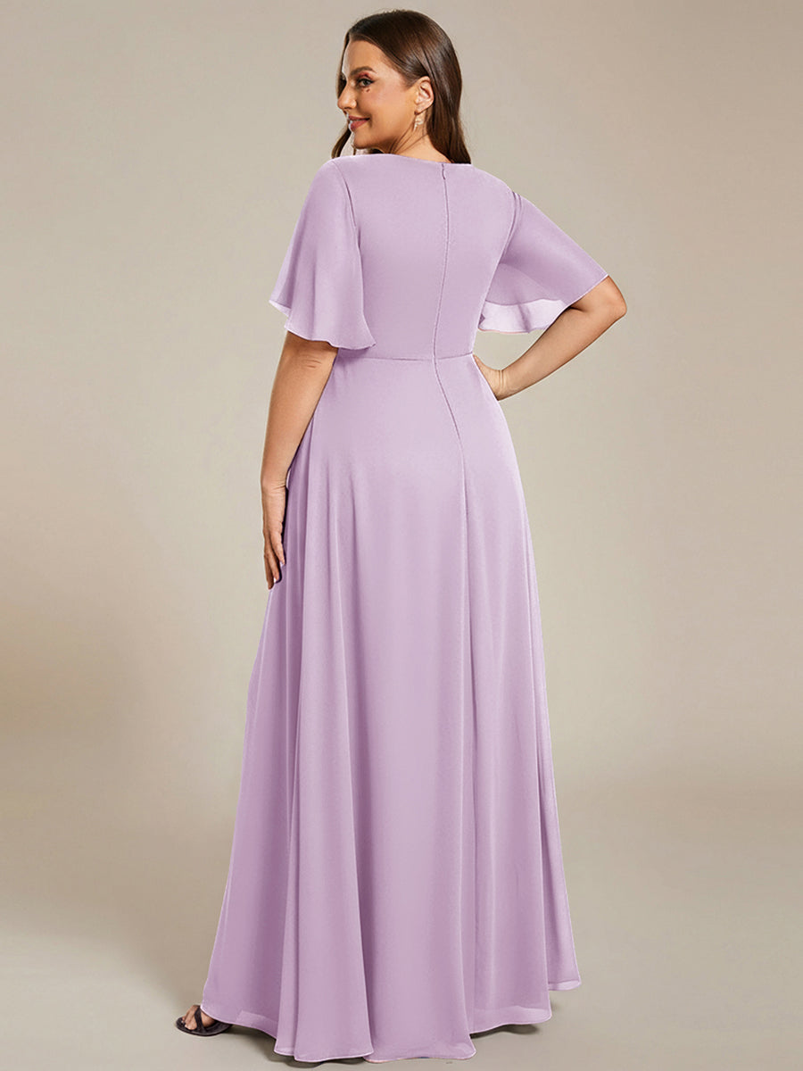 Plus Size Floral Applique Short Sleeve A-Line Chiffon Evening Dress #color_Frosted Lilac