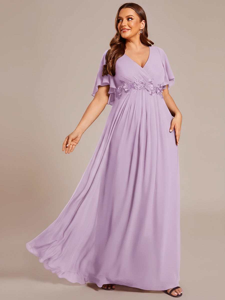Plus Size Floral Applique Short Sleeve A-Line Chiffon Evening Dress #color_Frosted Lilac