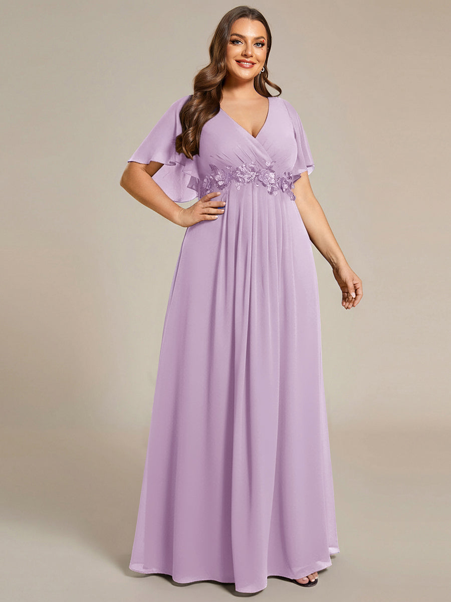Plus Size Floral Applique Short Sleeve A-Line Chiffon Evening Dress #color_Frosted Lilac