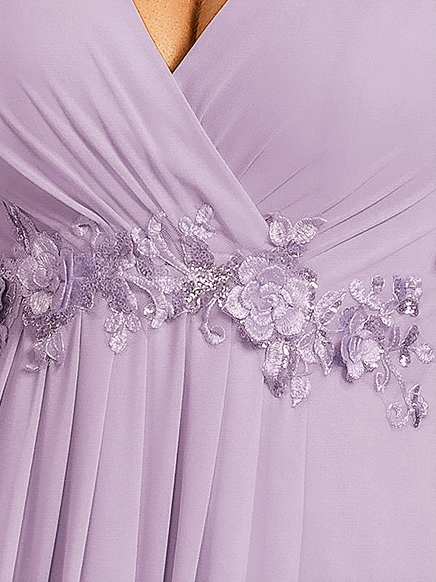 Plus Size Floral Applique Short Sleeve A-Line Chiffon Evening Dress #color_Frosted Lilac