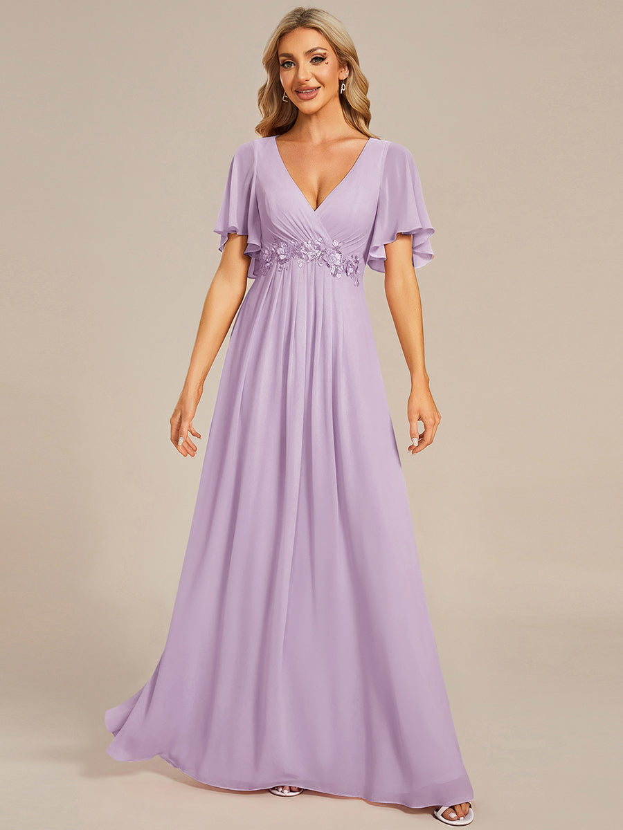 Ruffles Sleeve A-Line Chiffon Waist Applique Maxi Evening Dress #color_Frosted Lilac