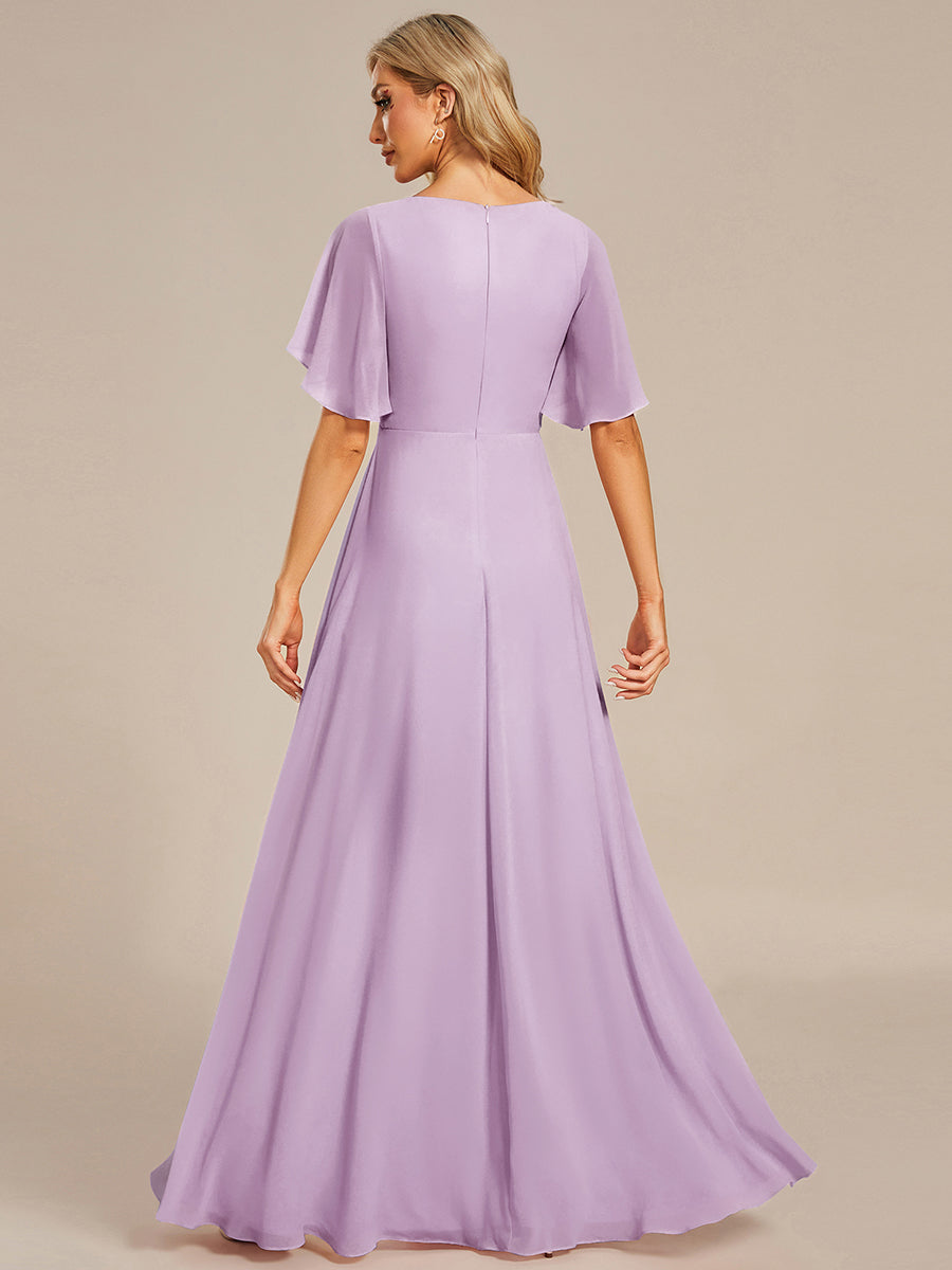 Ruffles Sleeve A-Line Chiffon Waist Applique Maxi Evening Dress #color_Frosted Lilac