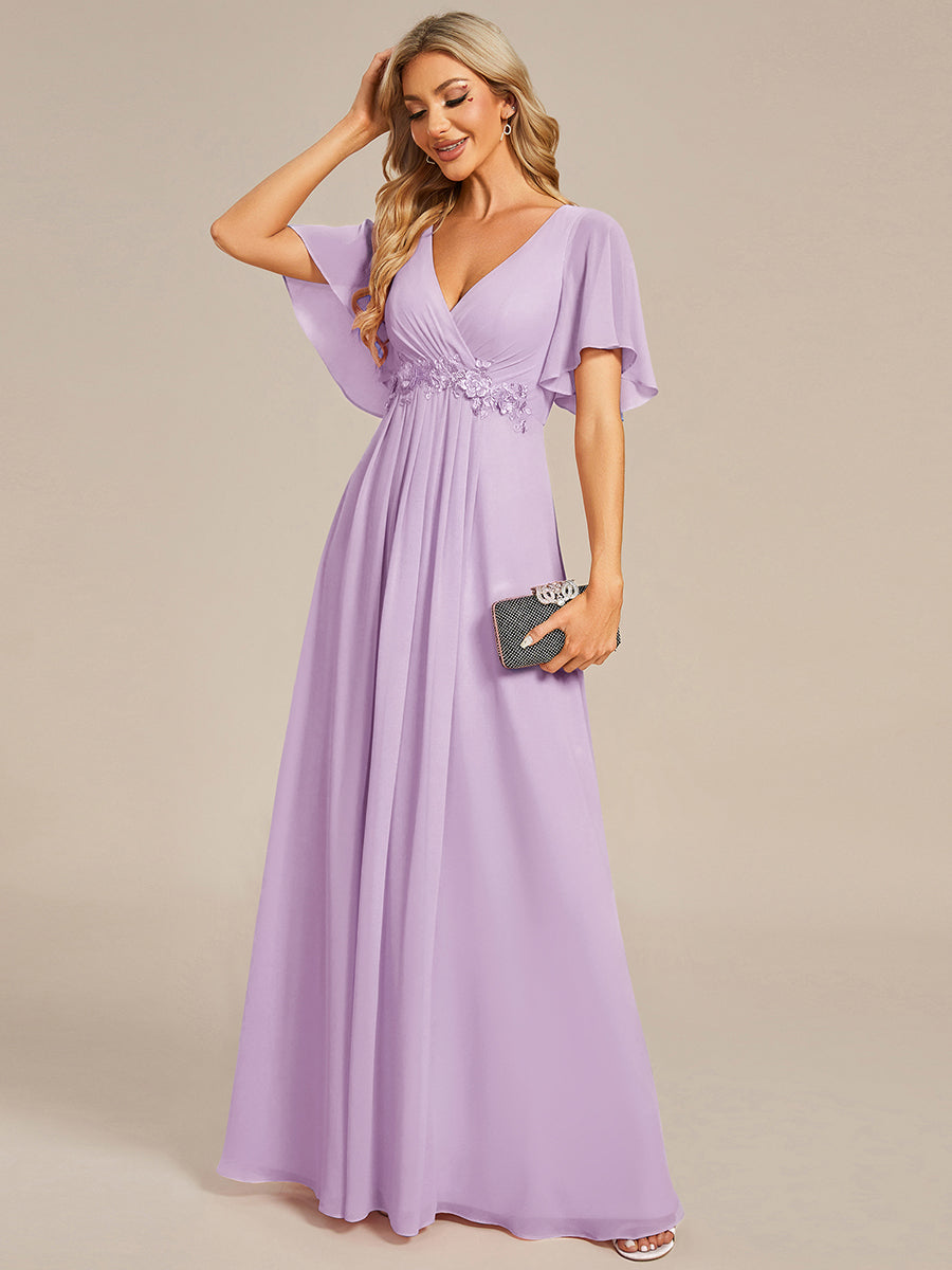 Ruffles Sleeve A-Line Chiffon Waist Applique Maxi Evening Dress #color_Frosted Lilac