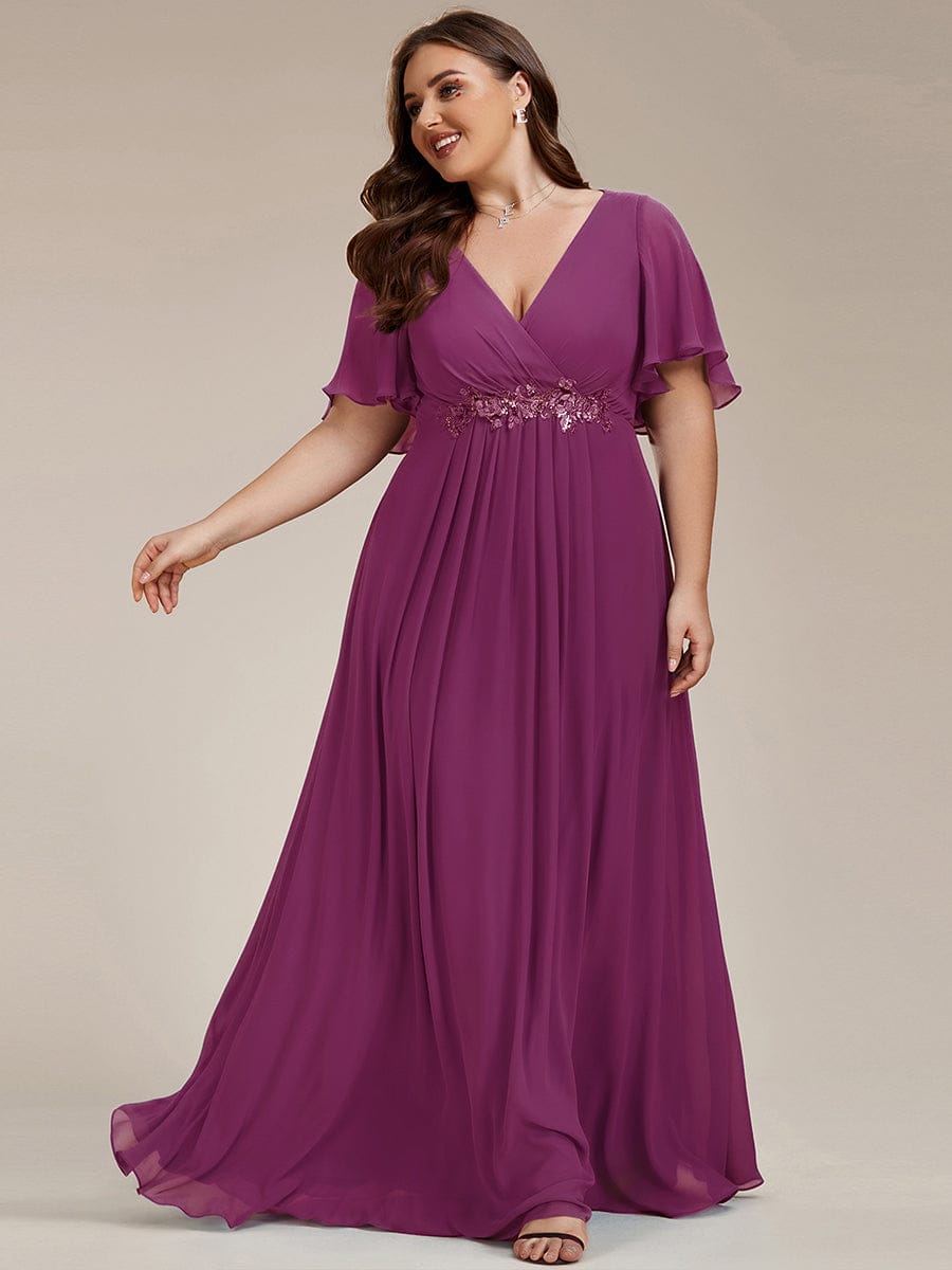 Plus Size Floral Applique Short Sleeve A-Line Chiffon Evening Dress #color_Fuchsia
