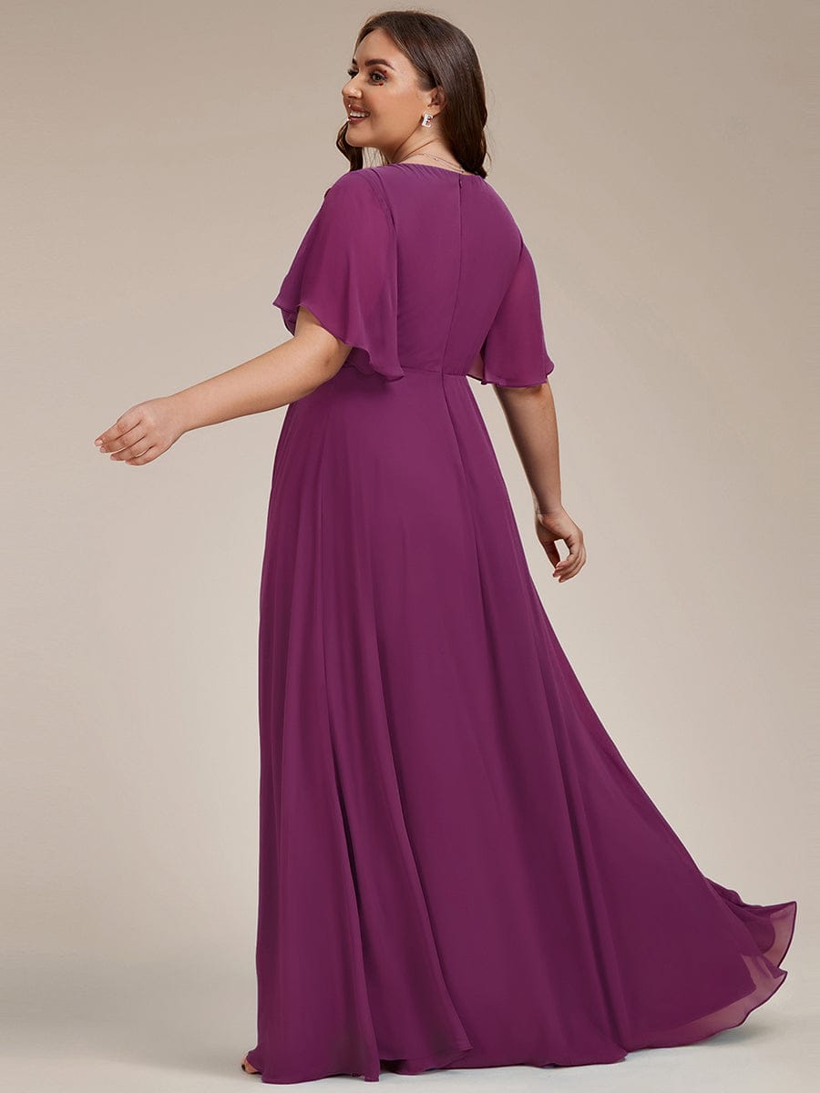Plus Size Floral Applique Short Sleeve A-Line Chiffon Evening Dress #color_Fuchsia