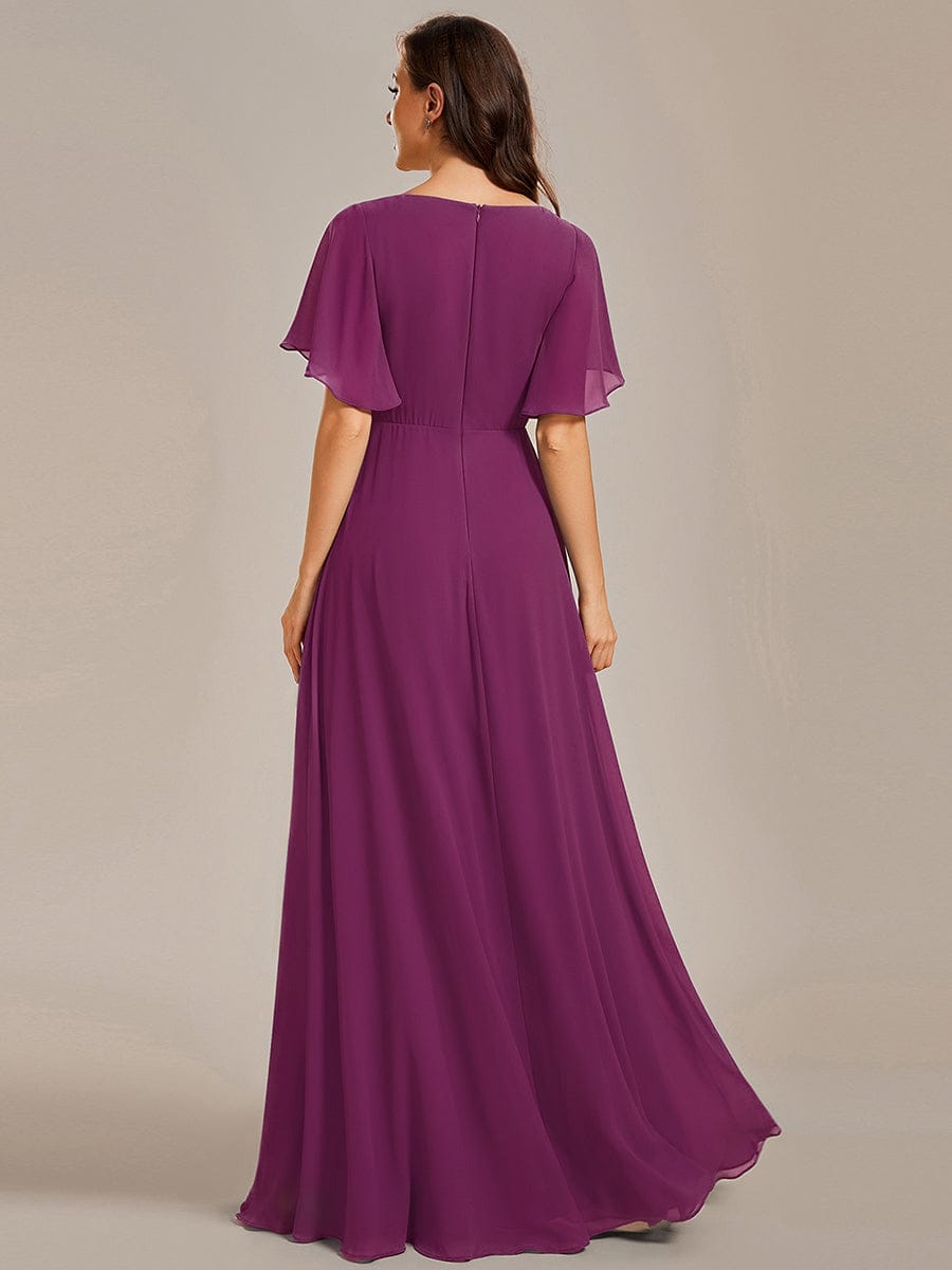 Ruffles Sleeve A-Line Chiffon Waist Applique Maxi Evening Dress #color_Fuchsia