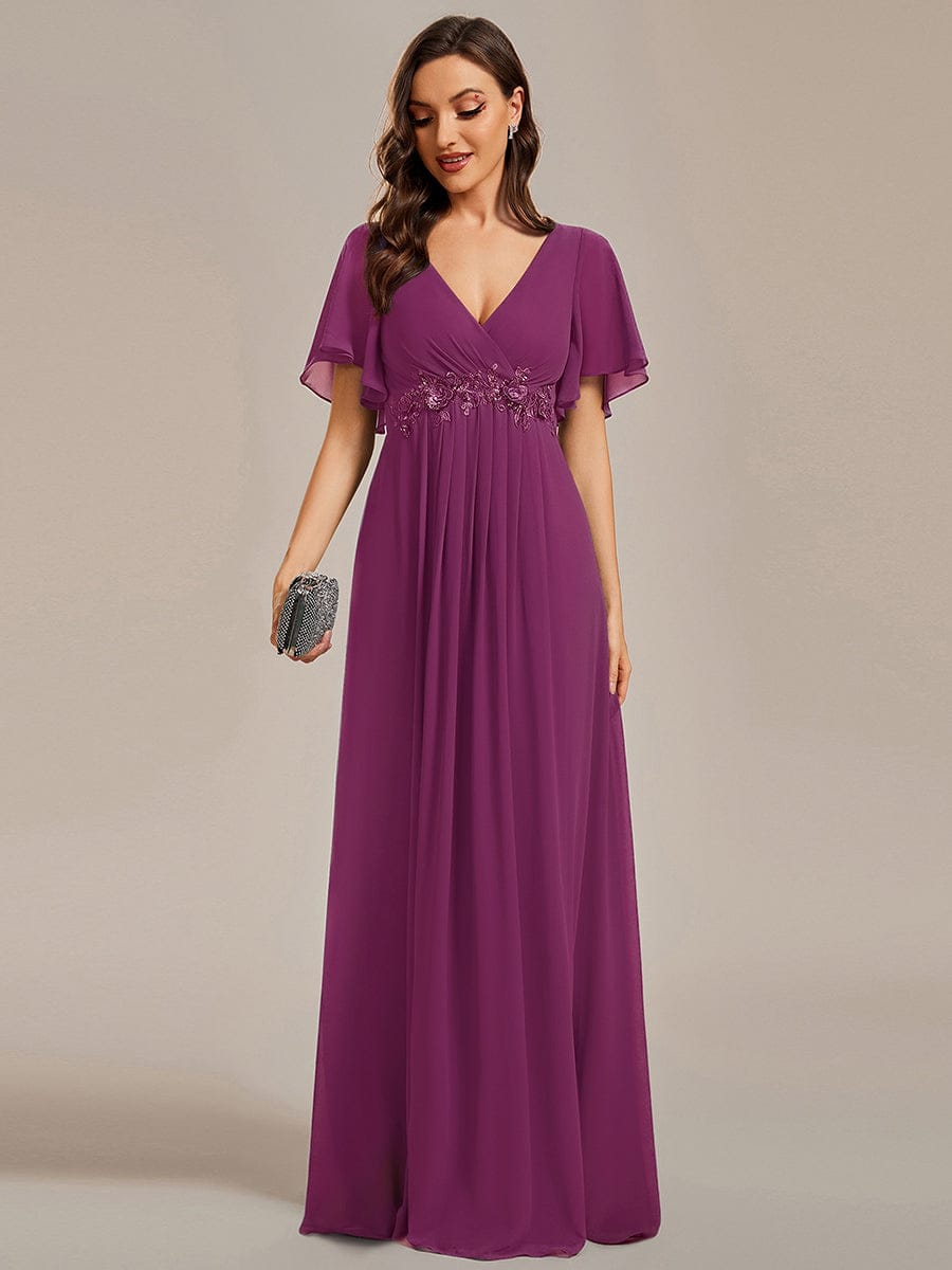 Ruffles Sleeve A-Line Chiffon Waist Applique Maxi Evening Dress #color_Fuchsia