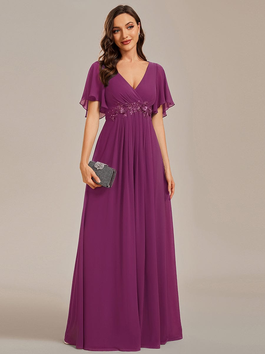 Ruffles Sleeve A-Line Chiffon Waist Applique Maxi Evening Dress #color_Fuchsia