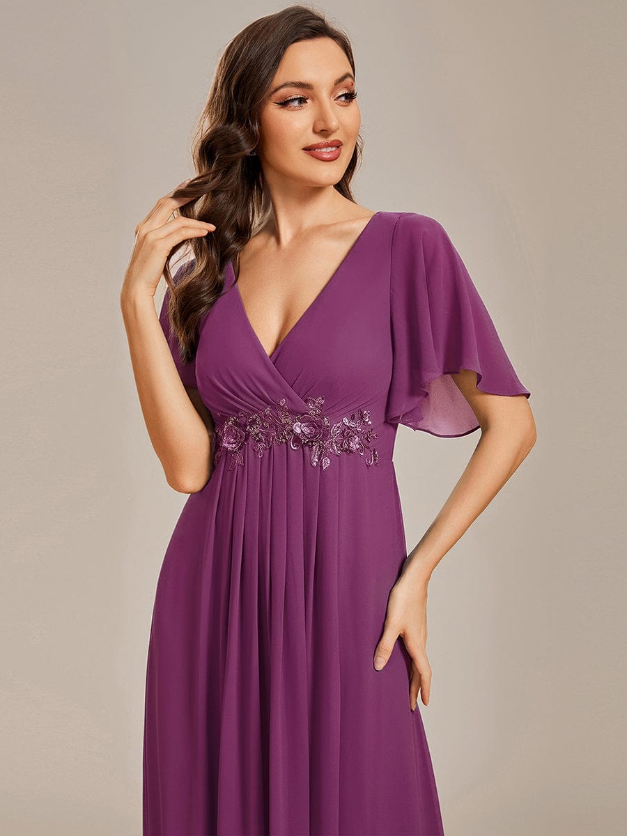 Ruffles Sleeve A-Line Chiffon Waist Applique Maxi Evening Dress #color_Fuchsia