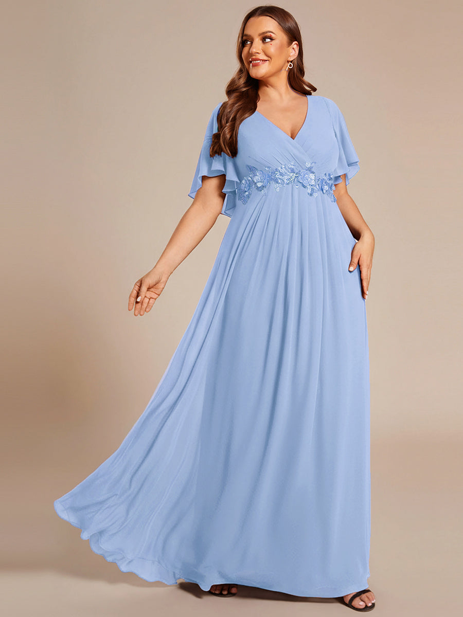 Plus Size Floral Applique Short Sleeve A-Line Chiffon Evening Dress #color_Ice Blue
