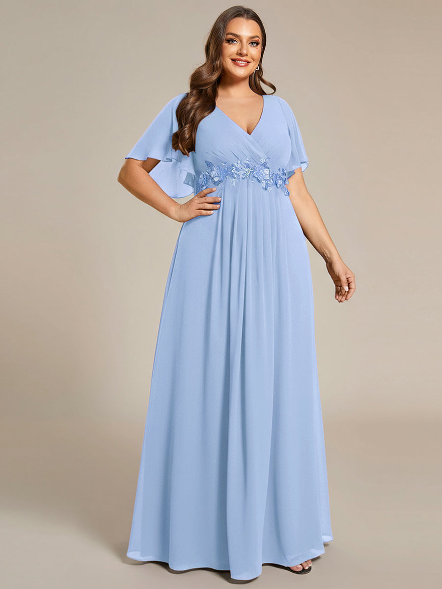 Plus Size Floral Applique Short Sleeve A-Line Chiffon Evening Dress #color_Ice Blue