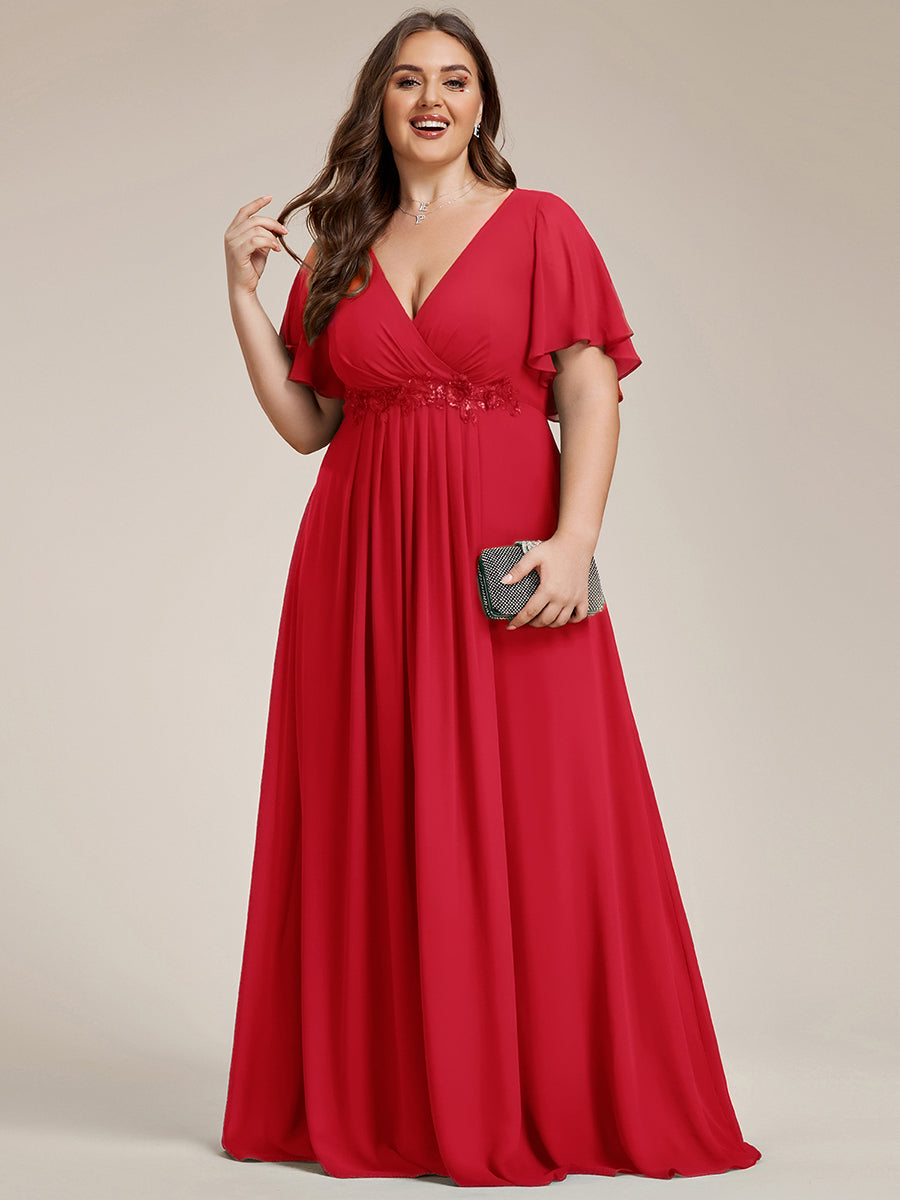 Plus Size Floral Applique Short Sleeve A-Line Chiffon Evening Dress #color_Red