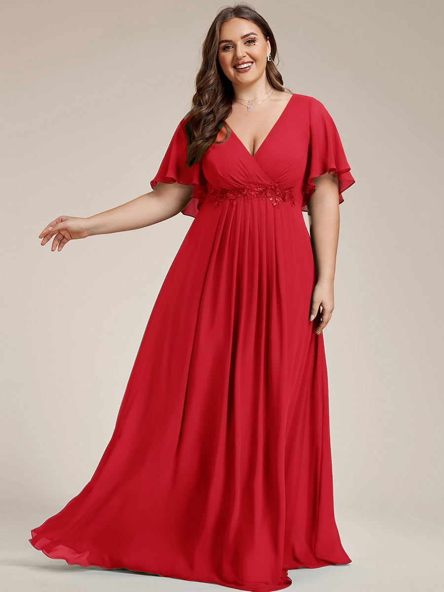 Plus Size Floral Applique Short Sleeve A-Line Chiffon Evening Dress #color_Red