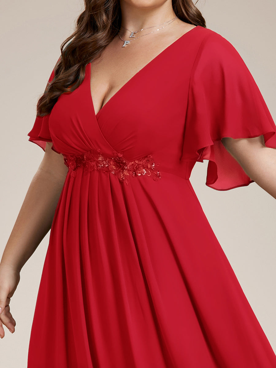 Plus Size Floral Applique Short Sleeve A-Line Chiffon Evening Dress #color_Red