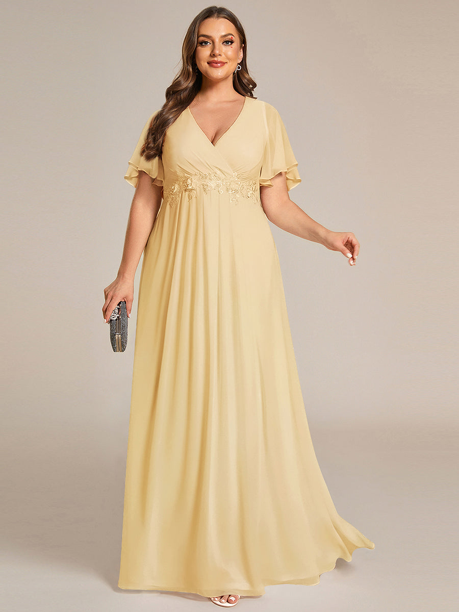 Plus Size Floral Applique Short Sleeve A-Line Chiffon Evening Dress #color_Yellow