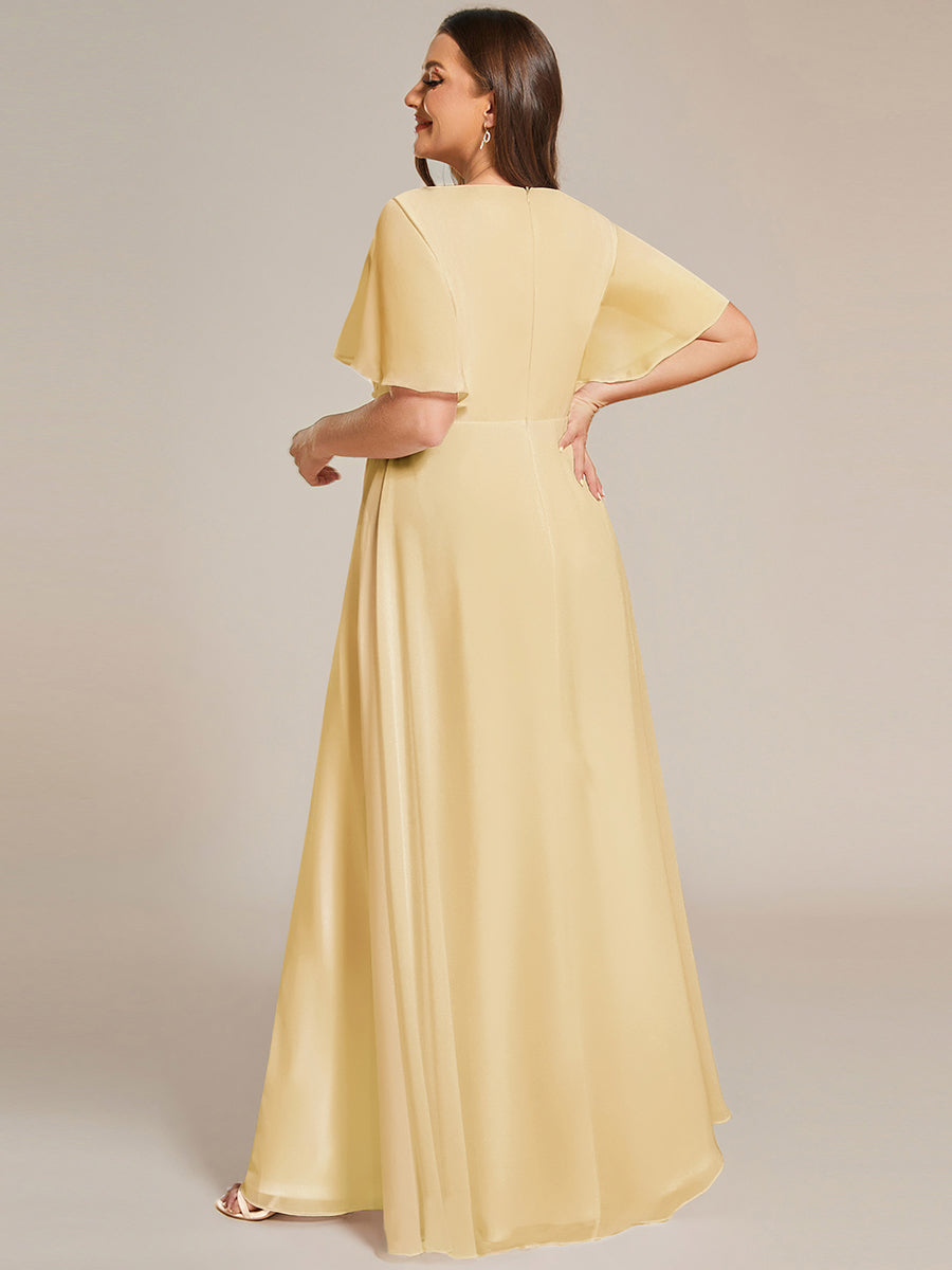 Plus Size Floral Applique Short Sleeve A-Line Chiffon Evening Dress #color_Yellow