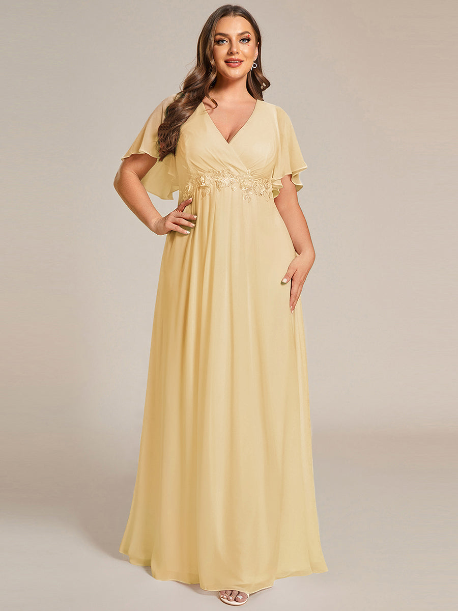 Plus Size Floral Applique Short Sleeve A-Line Chiffon Evening Dress #color_Yellow