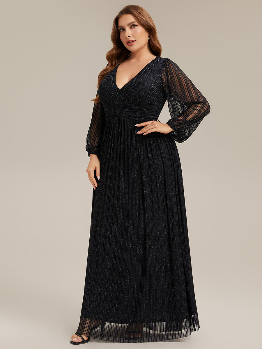 Plus Size Dazzling Empire Waist See-Through Long Sleeves A-Line Evening Dress #color_Black