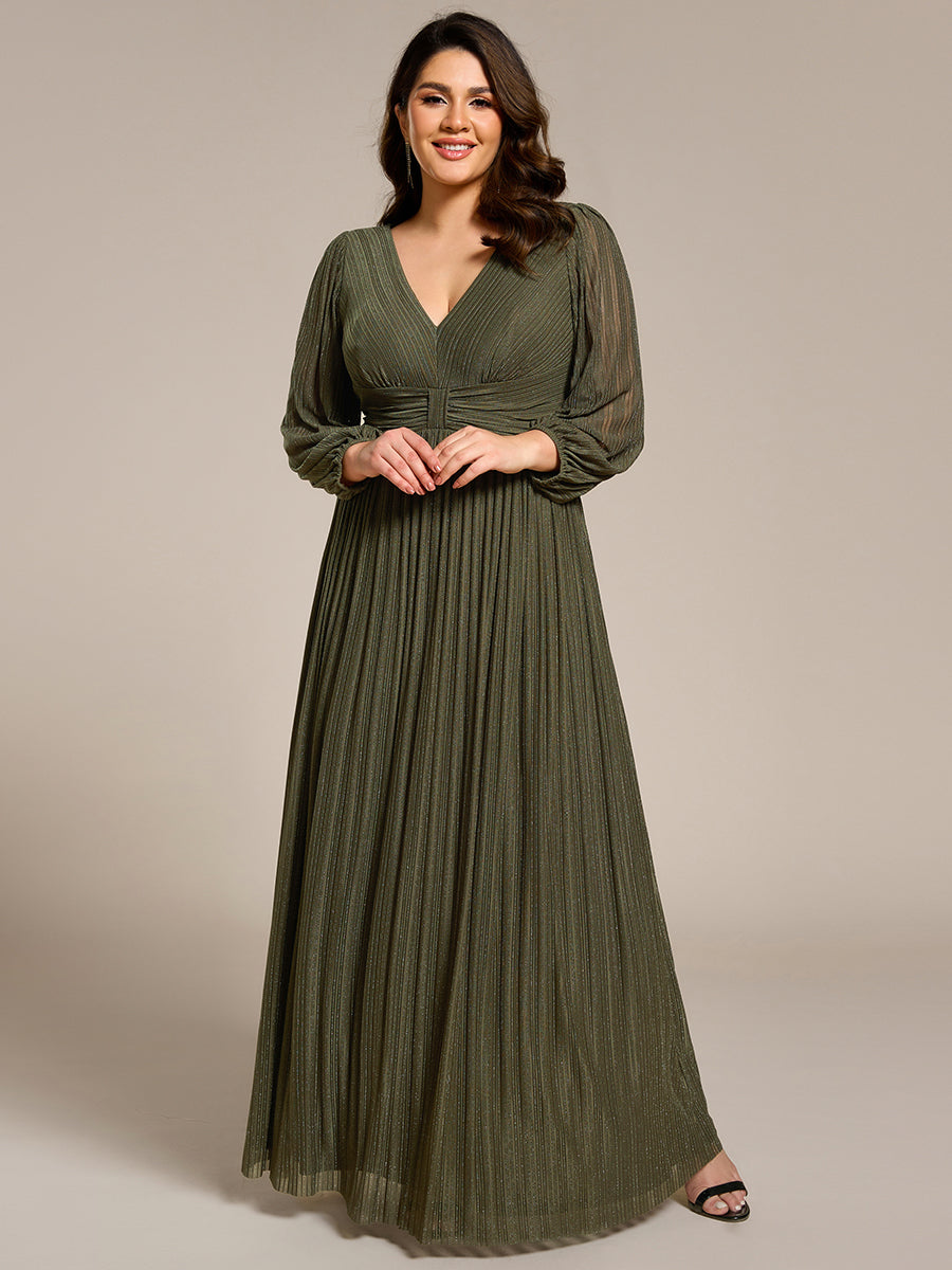 Plus Size Dazzling Empire Waist See-Through Long Sleeves A-Line Evening Dress #color_Olive Green